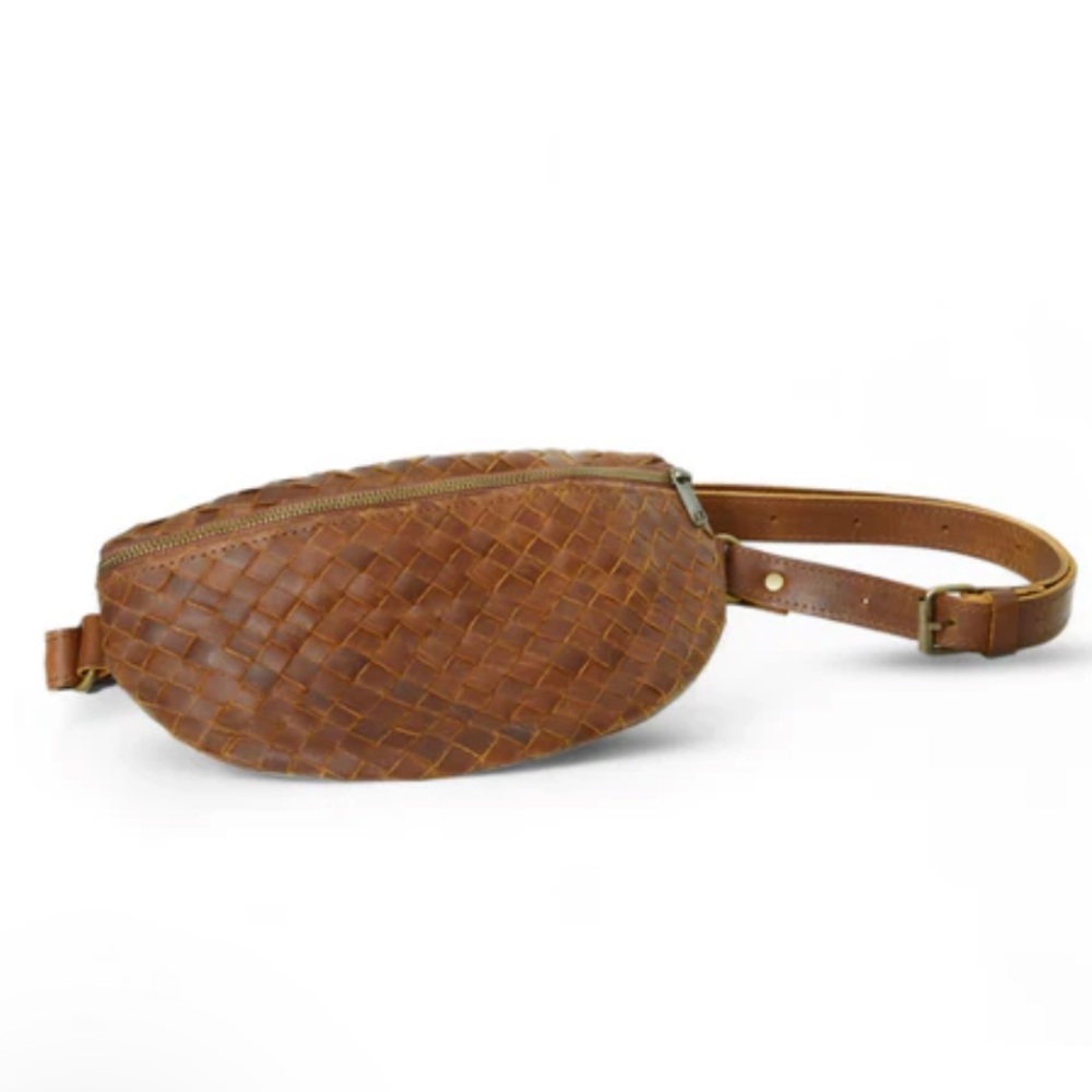 NWT HIDES Nexus Handcrafted Woven Leather Crossbody Belt Bag Fanny Pack Cognac - Picture 6 of 16